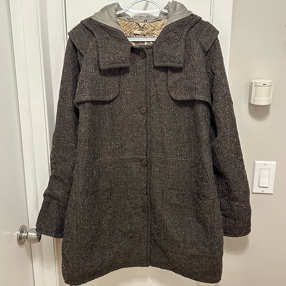CLASS ROBERTO CAVALLI Womens Hooded Car Utility Coat Crinkled Wool Brown Gray 8